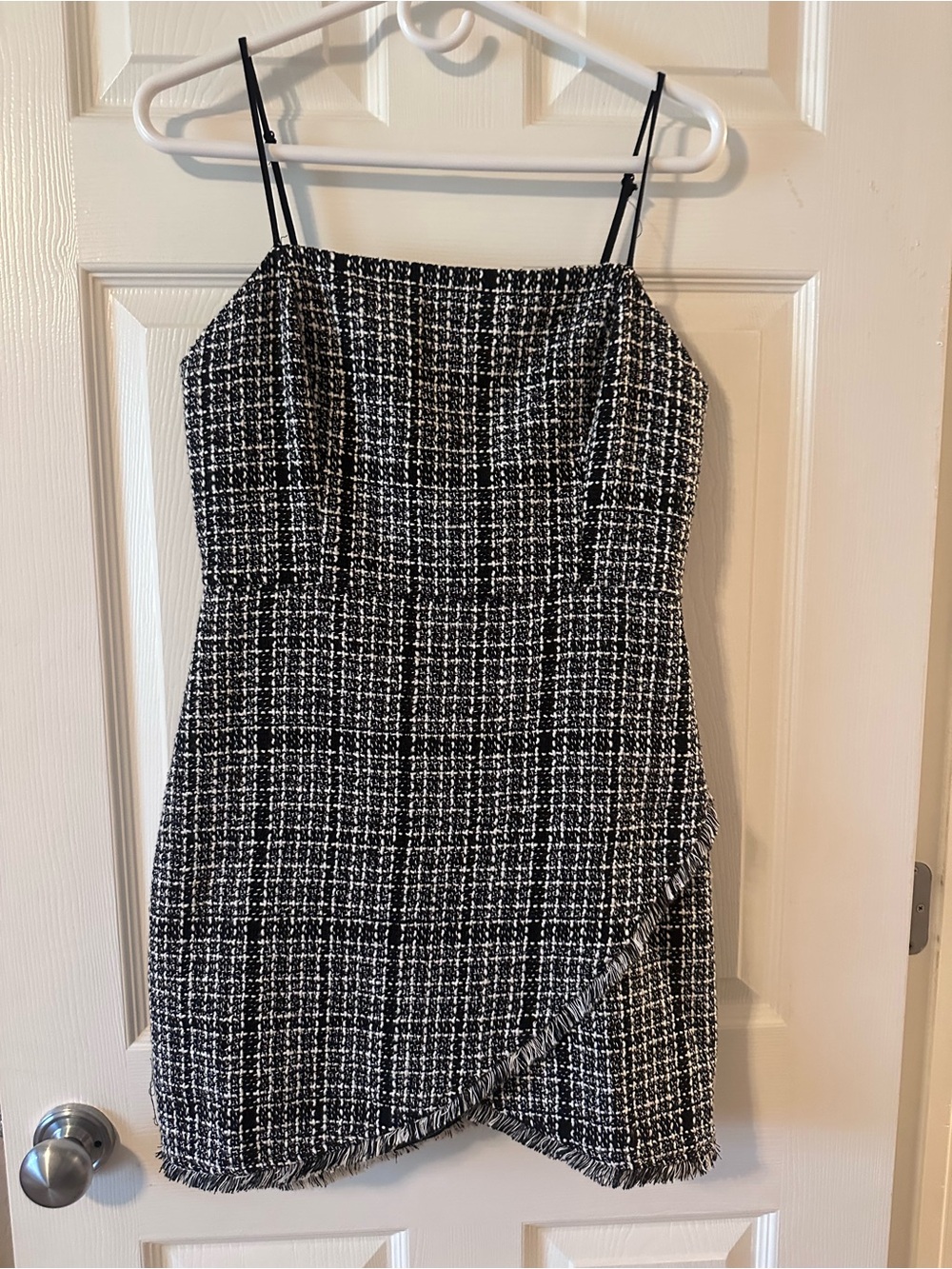 Dainty Hooligan Black White Tweed Mini Dress Size M Fringe Wrap Hem